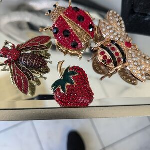 Elegant Red and Gold Insect Brooches